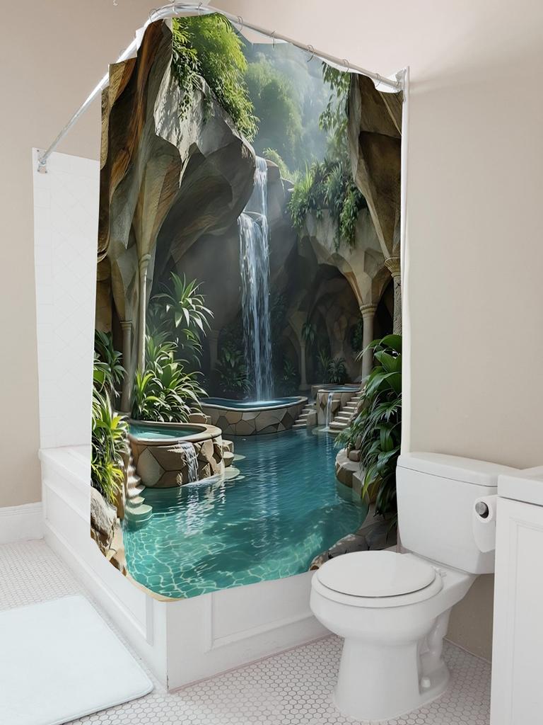 Squisita Tenda da Doccia Oasis Tropicale con Cascata e Vegetazione Rigogliosa per Arredo Bagno Trasforma lo Spazio Facile da Pulire
