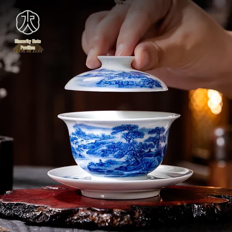 Chendexuan Jingdezhen Hand-painted Blue & White Stoneware Gaiwan
