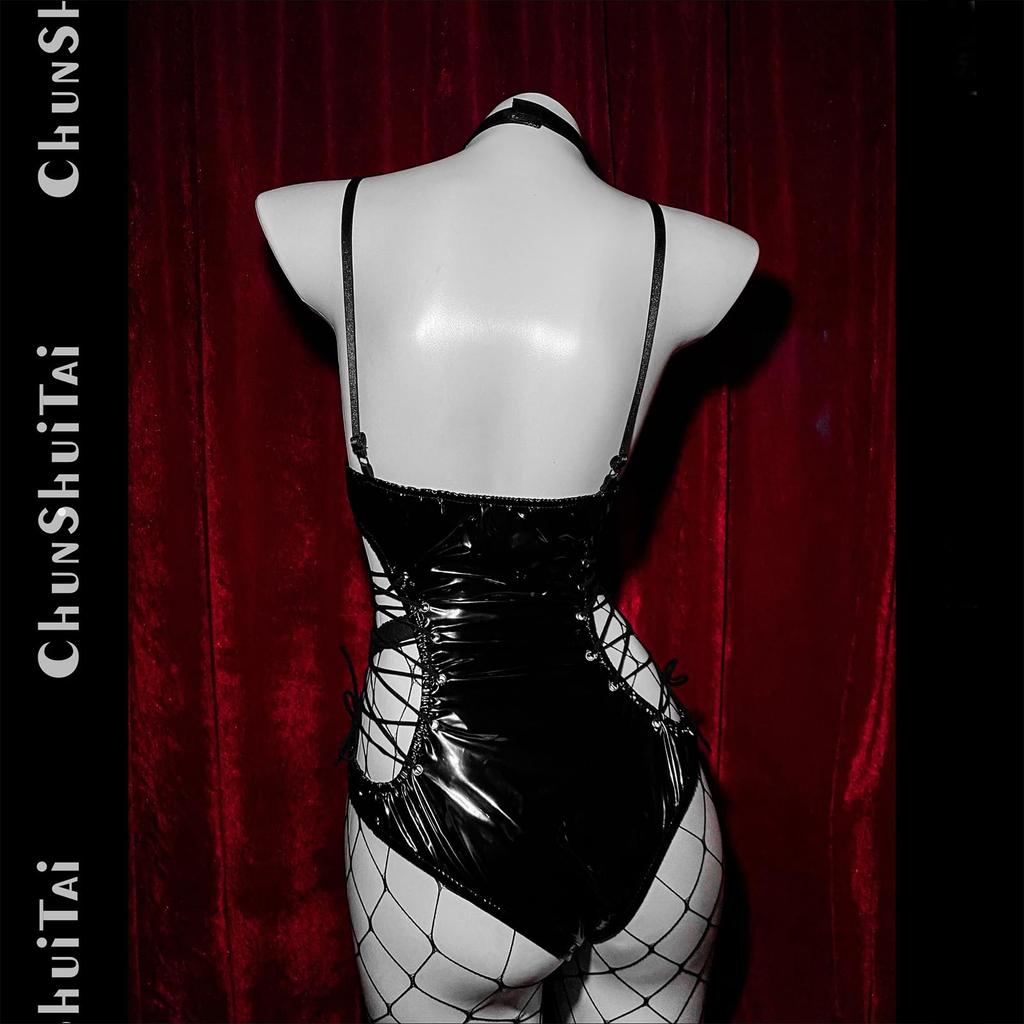 Cosplay Sexy Erotic Extreme Lingerie School Swimsuit Small Breasts Erotic Leotard High Leg SM PU Leather Restraint Bondage Moe Devil Temptation