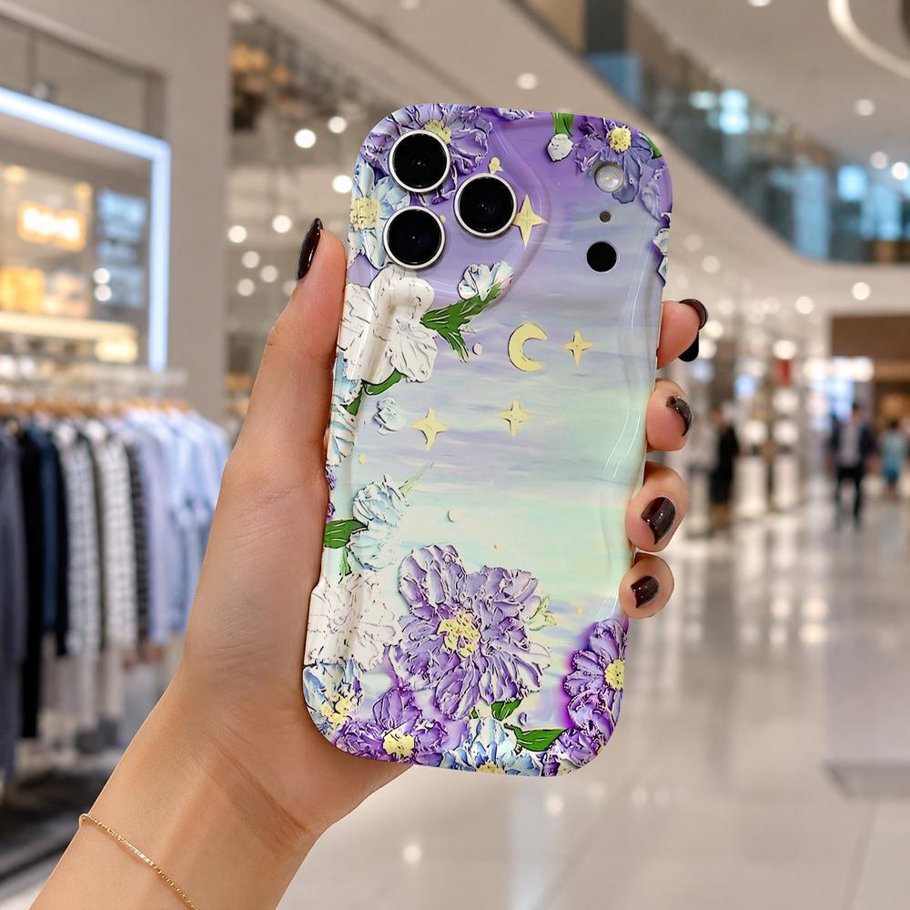 Oil Painting Purple White Flower Moon Star Phone Case For iPhone 16 15 14 Pro Max 13 12 Wavy Edge