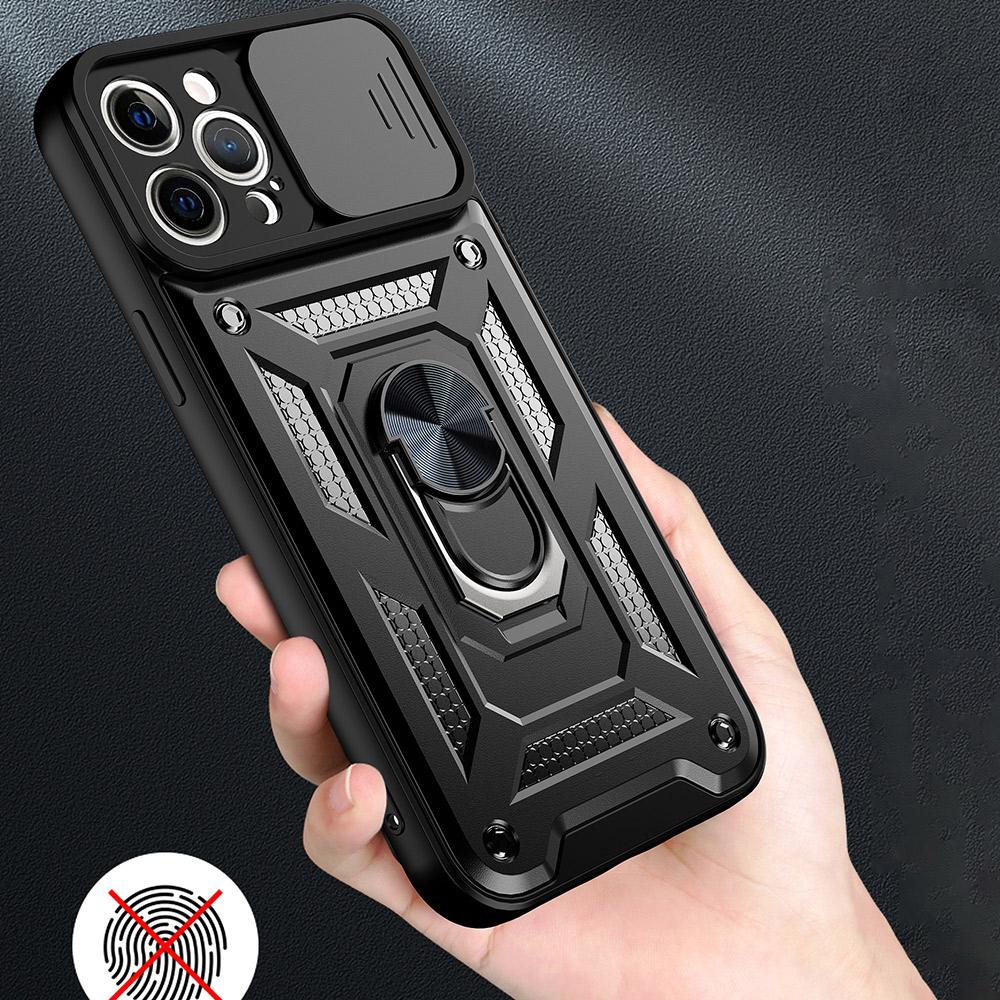 For iPhone 11 Pro Max Case Kickstand PC+TPU Phone Cover with Slide Camera Lid