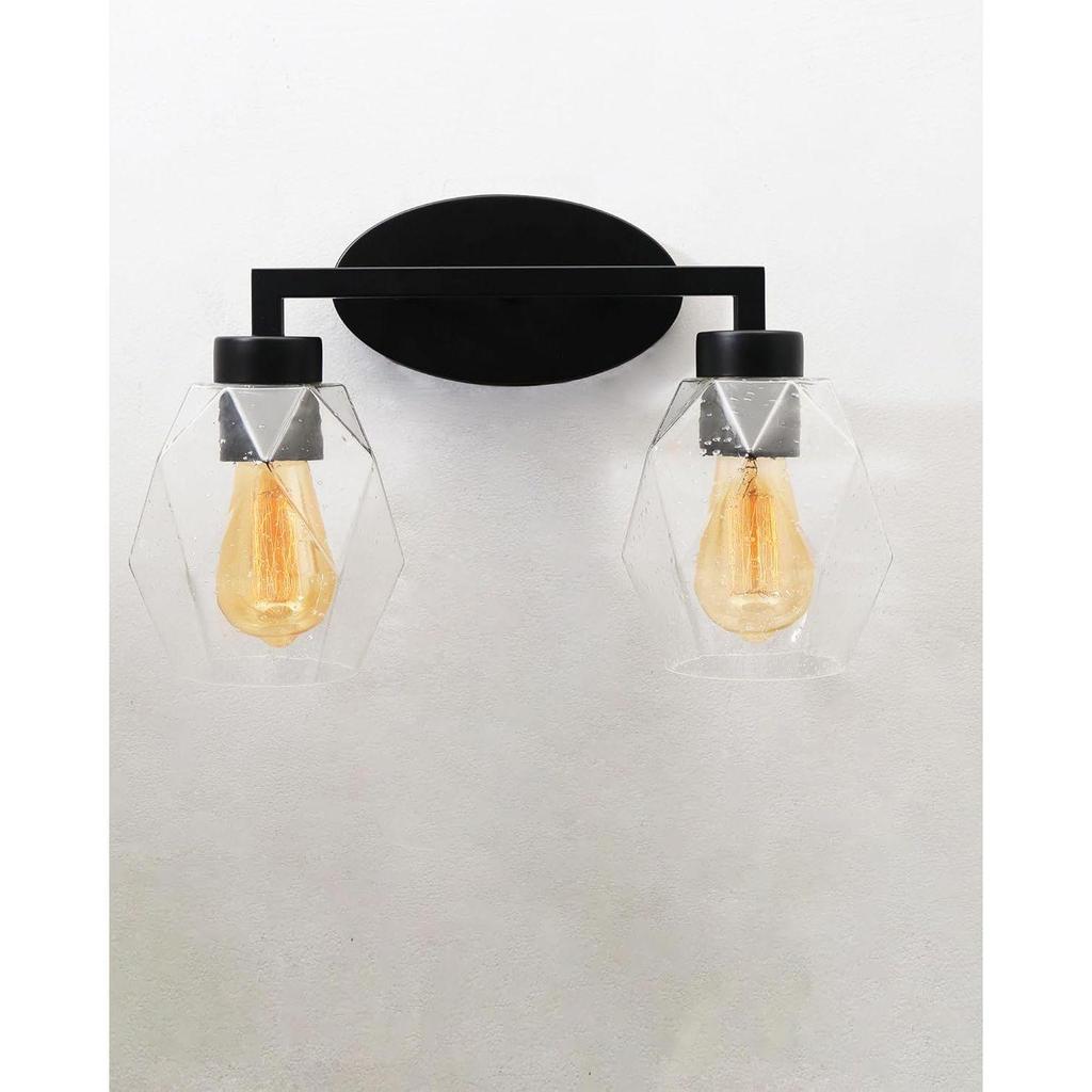 2-Light Wall Sconce Vanity Lighting Bathroom Lamp in Black with Hexa Glass Shades Wall Mounted Light Fixtures for Bedroom Stairs and Kitchen