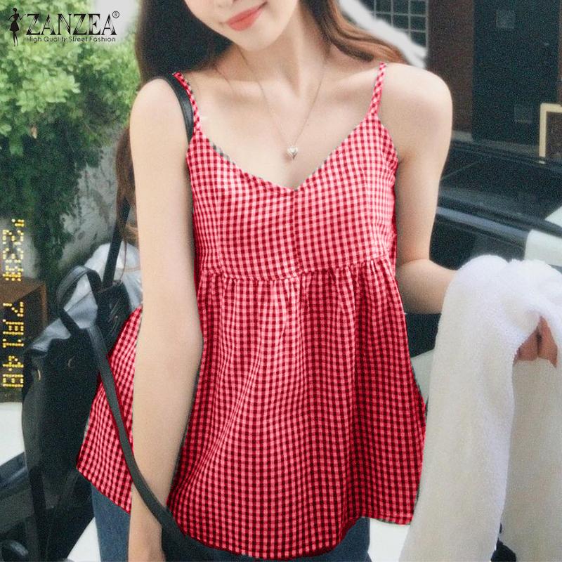 

ZANZEA Womens Summer Plaid Print Casual Sleeveless Camisoles 5XL синій