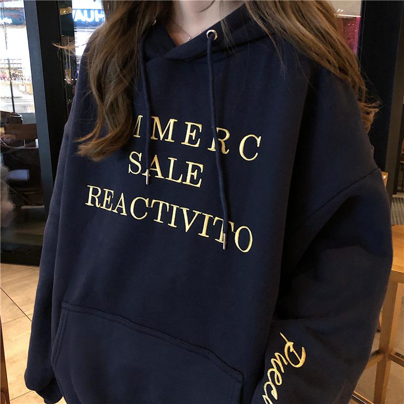Women's Velvet Heavy Embroidery Loose Hooded Sweatshirt for Autumn and Winter Long Sleeve Base Shirt Jacket Top