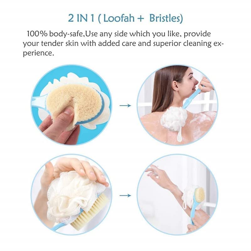 TAPUJI 2 IN 1 Back Body Bath Brush with Bristles and Loofah Back Scrubber with Curved Long Handled for Skin Exfoliating Bath, Massage Bristles Sui