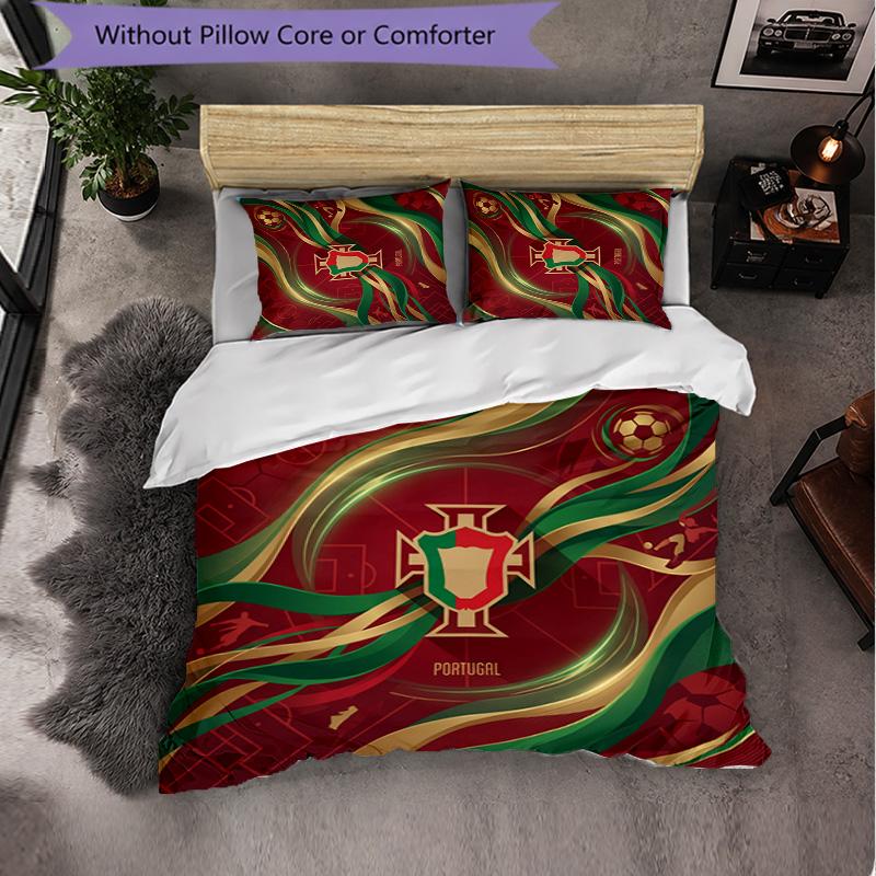 Portugal Football Pattern 3 Pieces Bedding Set Soft Microfiber Duvet Cover with Pillow Cases for Bedroom