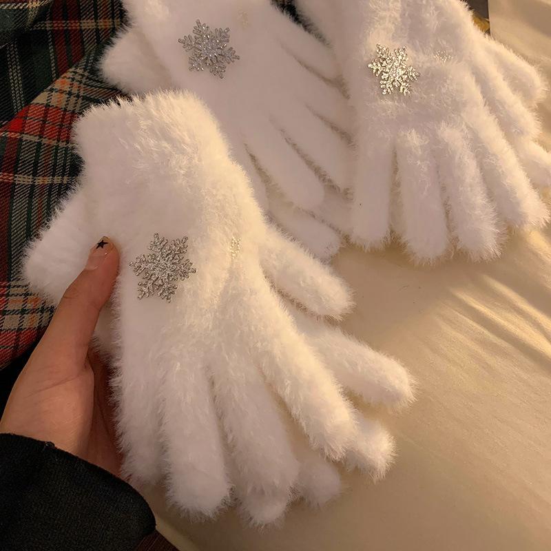 White Snowflake Knitted Wool Gloves for Women In Winter Warmth and Thick Hairy Students Riding Bicycles To Prevent Cold and Wind Break Fingers