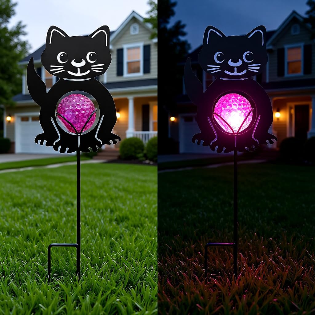 2Pcs Metal Solar Garden Stakes Outdoor Decor Waterproof Animal LED Light Cat Butterfly Bee Fairy Stake for Yard Lawn Path Gift