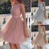 Glitzerndes Sternen-Tüll-Ballkleid für Damen Langärmlig Rundhalsausschnitt Formelles Abendkleid Mesh Cocktailparty Kurzes Kleid