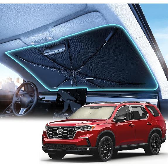 Upgrade Nmoiss Windshield Sun Shade Umbrella - [Vinyl Coating Heat Shield] Protect Car from Sun Rays & Heat Damage Keep Cool and Protect Interior,
