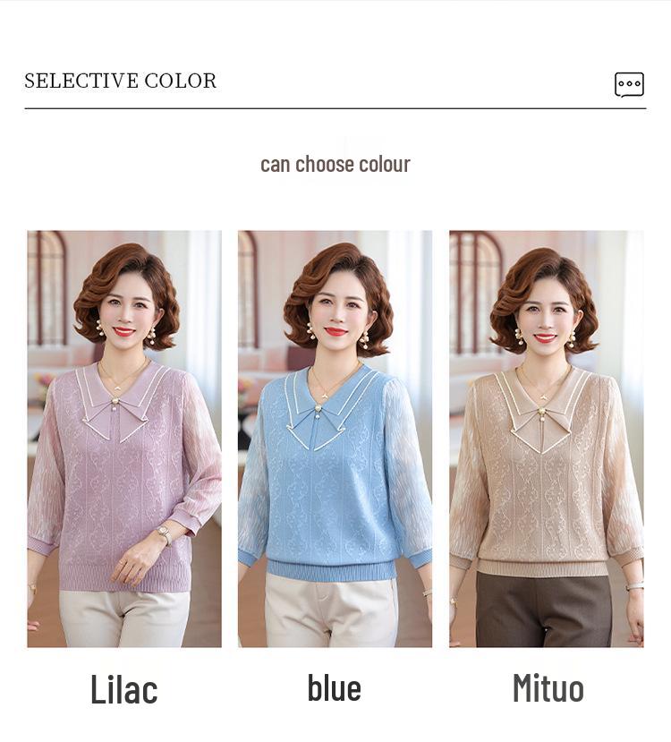 Elegant Spring Knit Top: Stylish Jacquard Seven-Sleeve Design for Moms, Perfect Base Layer for Middle-Aged and Elderly Women