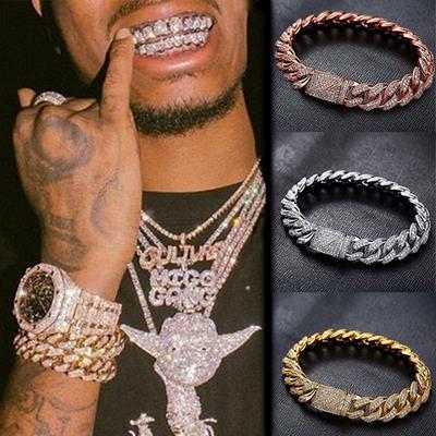 Mens Womens Gold Hand Chain Hip Hop Iced Out Curb Cuban Diamond Paved Clear Rhinestones Bracelet Men Fashion Jewelry