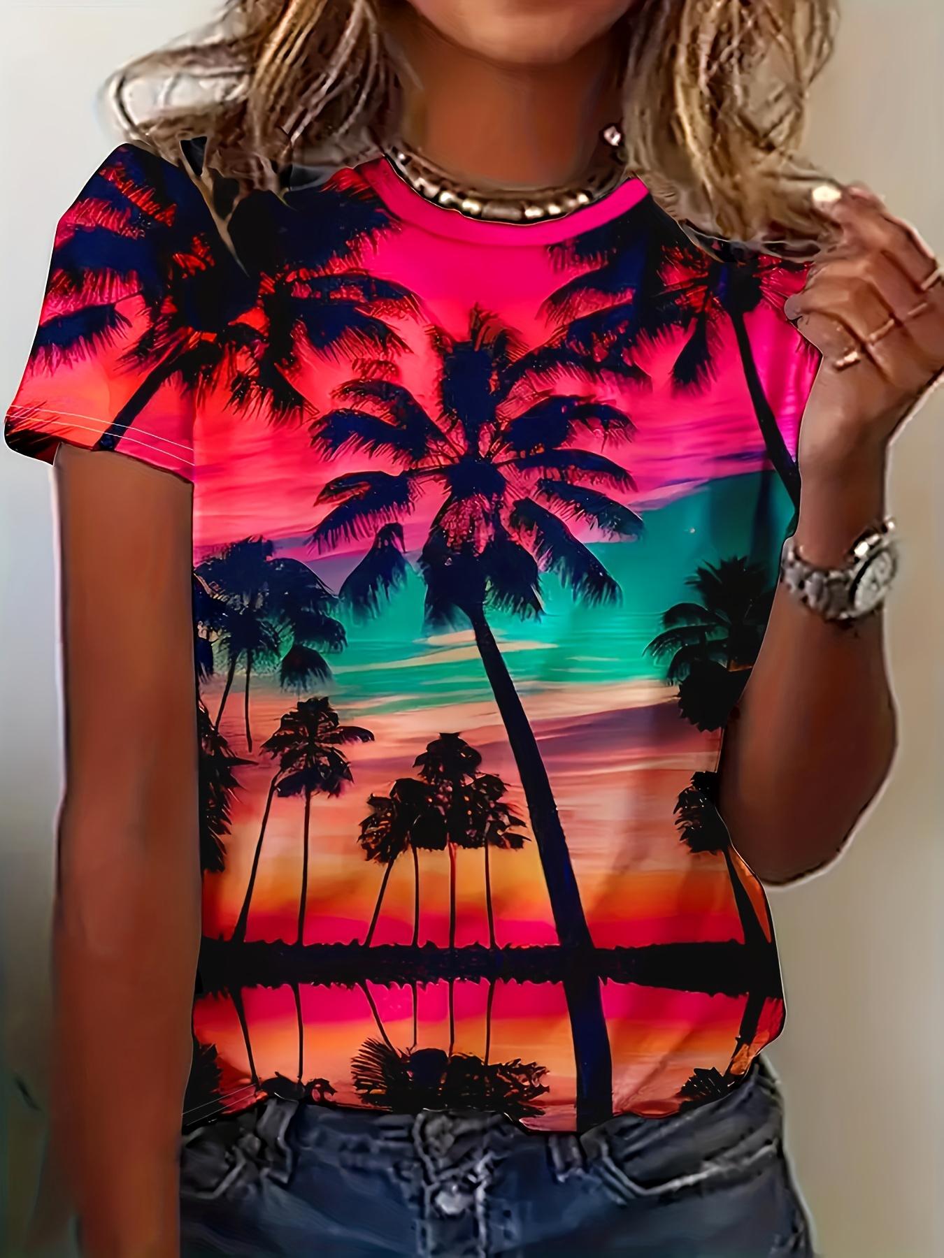Plus Size Coconut Tree Print T-shirt Vacation Style Short Sleeve Crew Neck Top for Spring Summer Women Plus Size Clothing XL