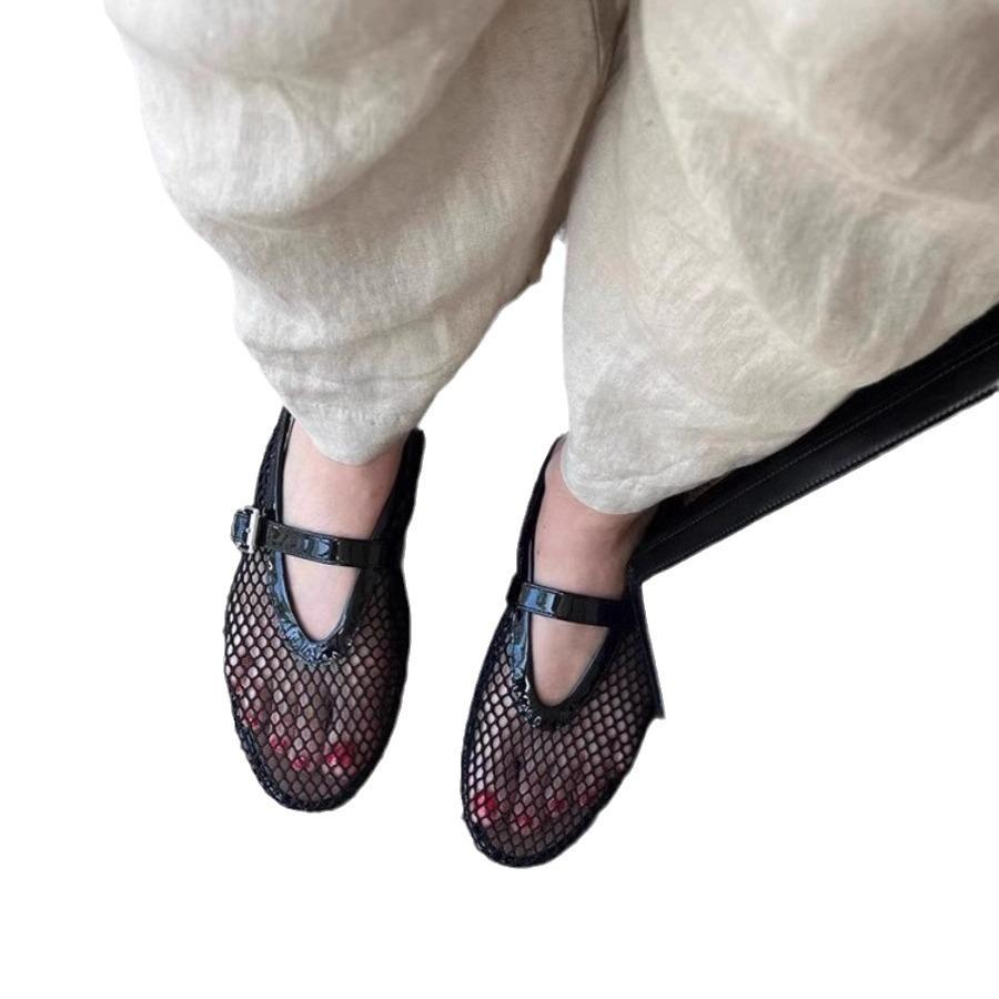 French hollow ballet shoes women's flat bottom one-word buckle metal mesh Mary Jane shoes women's niche design single shoes