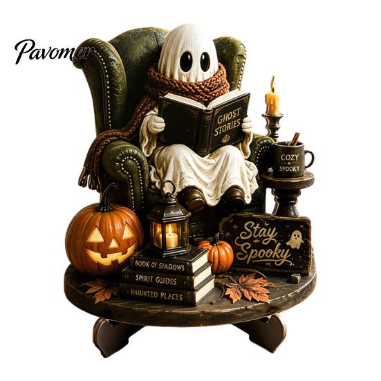 Fall Fireplace Decorations Halloween Reading Ghost Figurine, Wooden Desktop Ornaments, Vintage Spooky Shelf Accents Statue with Stand for Home