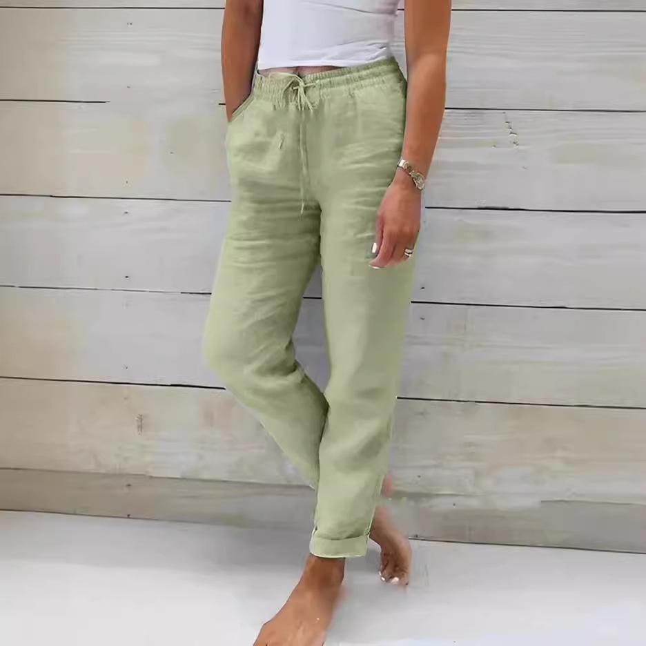 2024 Summer Elastic Waist Cotton Linen Wide-Leg Pants – Women's Loose-Fit Solid Color Trousers