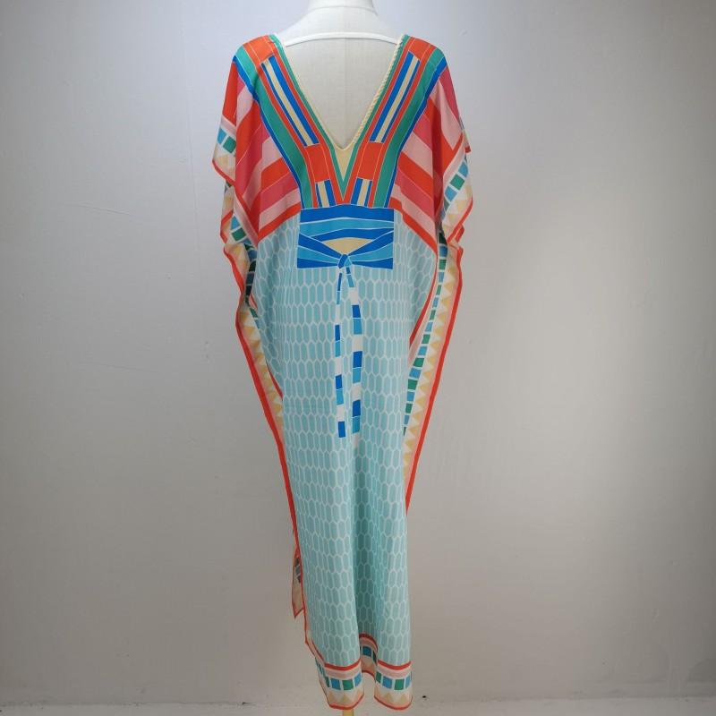 Quick-Dry Beach Cover Up Dress With Front Back V-Neck Loose Fit Printed Tunic Women Swimming Vacation