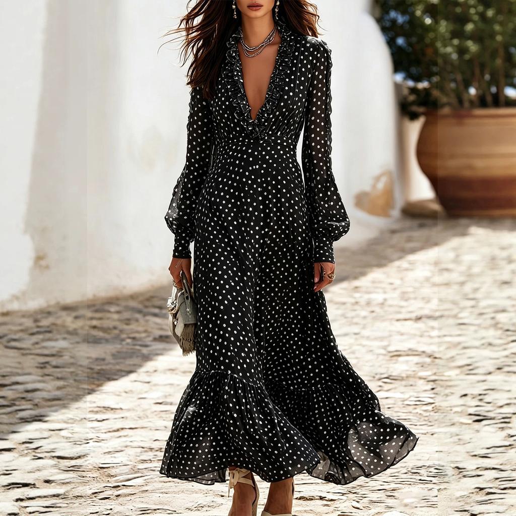 Women's V Neck Long Sleeve Polka Dot Maxi Dress with Ruffle Waist for Vacation
