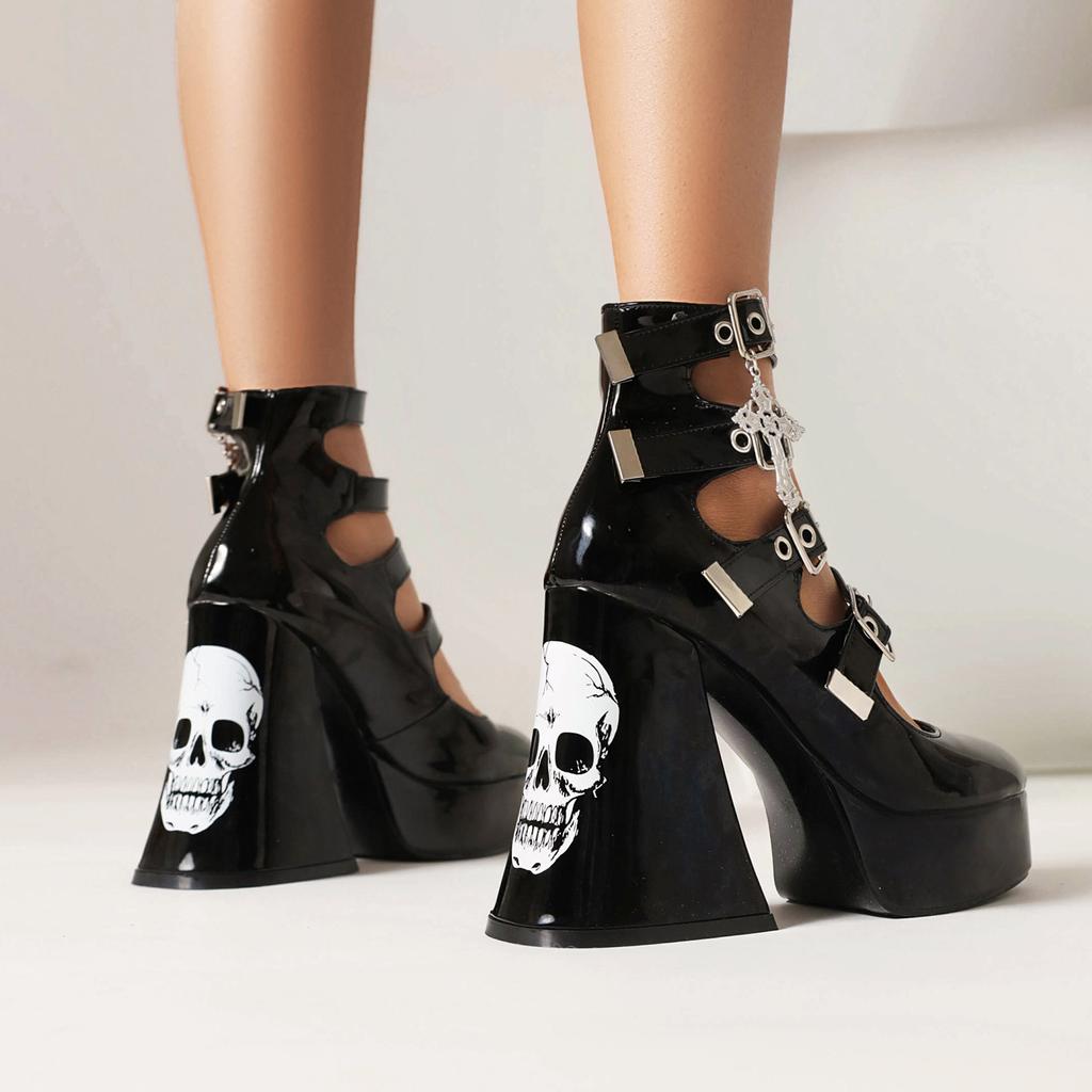 Plus Mary Jane Cross Lolita Skull Shoes Punk Dark Goth High Heels Patent Leather