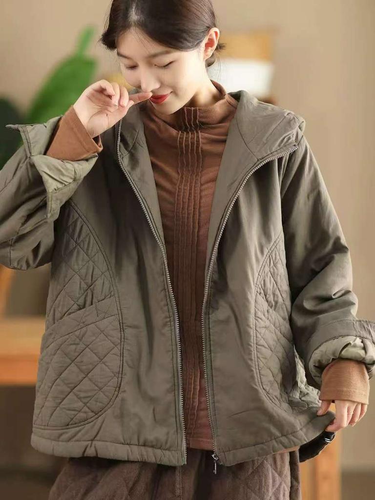 Johnature Vintage-Damenjacke mit Kapuze, Reißverschluss, einfarbig, Winter, Patchwork-Taschen, lässig, warm