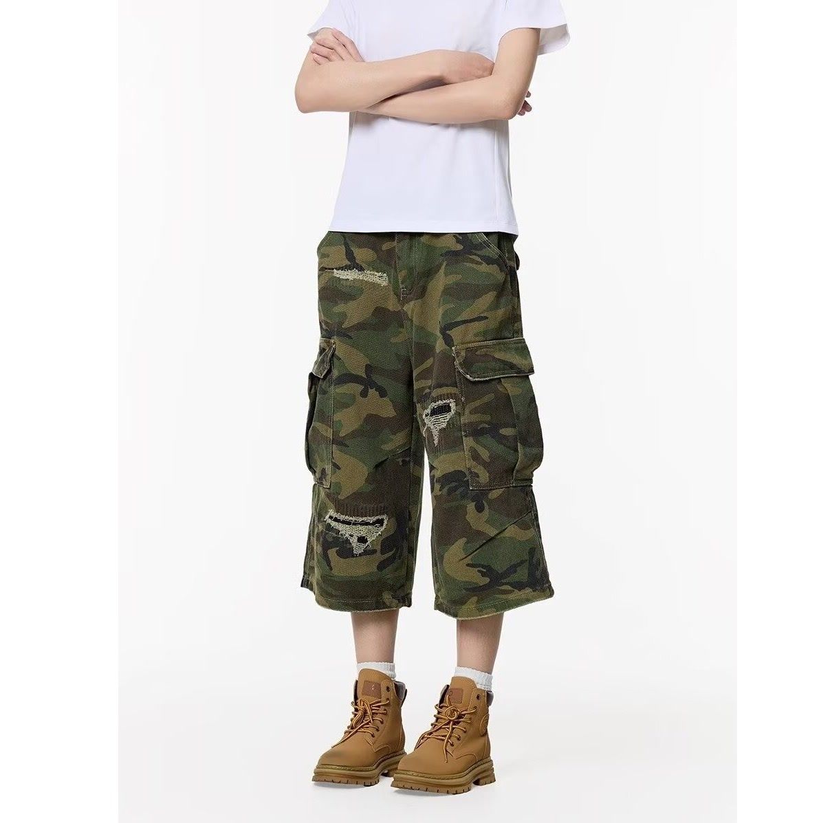 

JYL Men s Camo Cargo Jeans Loose Straight Hiphop High-Street Cropped Denim S кадмій червоний колір