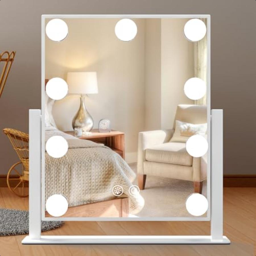 Lighted Vanity Mirror for Desk or Dorm Dimmable 9 LED Bulbs Makeup Mirror with 3 Color Lights Touch Sensor USB Powered Portable