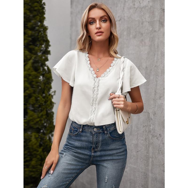 Sommer Einfaches Temperament Damen T-Shirt V-Ausschnitt Lässige Lose Hohle Kurzarm Tops