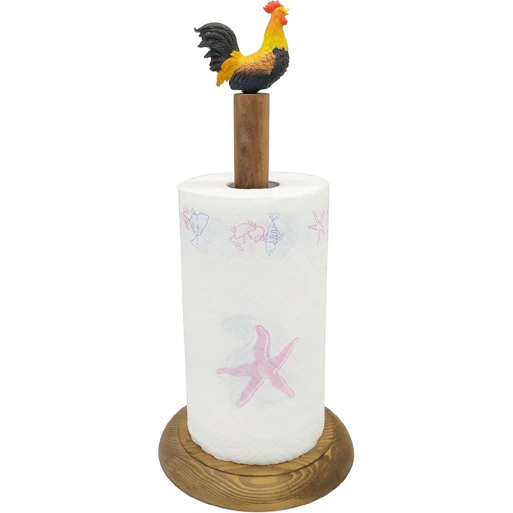 Rooster Design Rustic Brown Wood Paper Towel Holder Stand Up Paper Towel Holder, Easy One-Handed Tear Kitchen Paper Towel Dispenser with Weighted