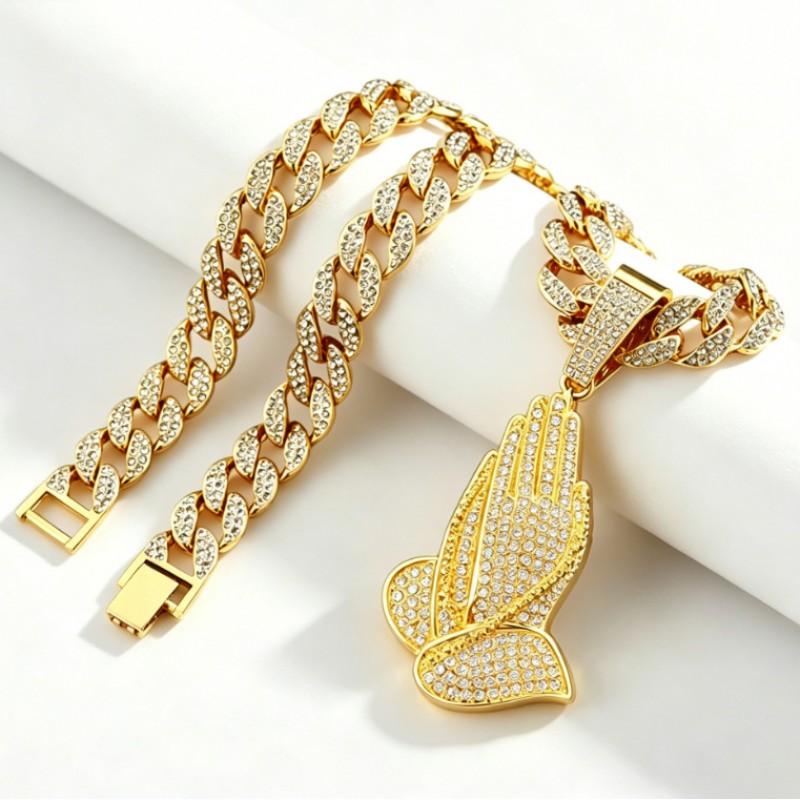 Hip Hop Alloy Full Rhinestone Prayer Hand Pendant Cuban Chain Necklace Men Women Trendy Streetwear Jewelry