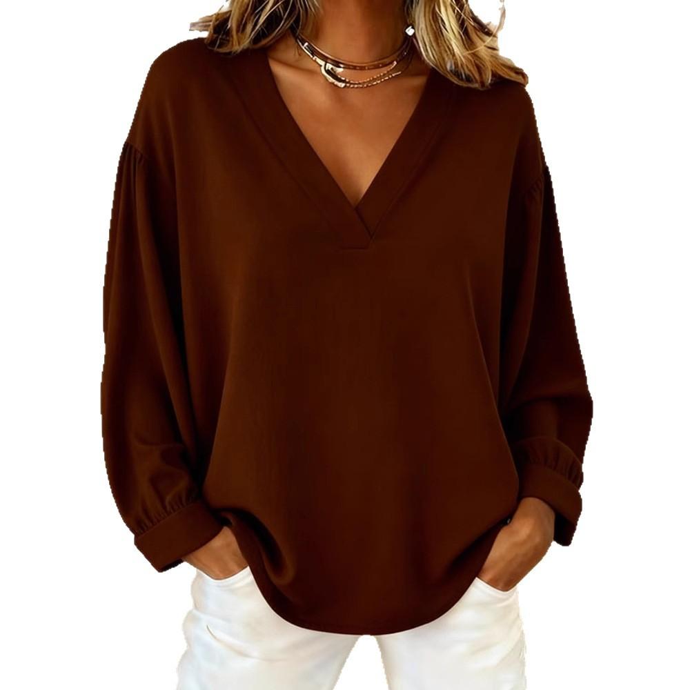 2025 New Women's Casual V-neck Long-sleeved Pullover Loose Solid Color Multi-color Women's T-shirt