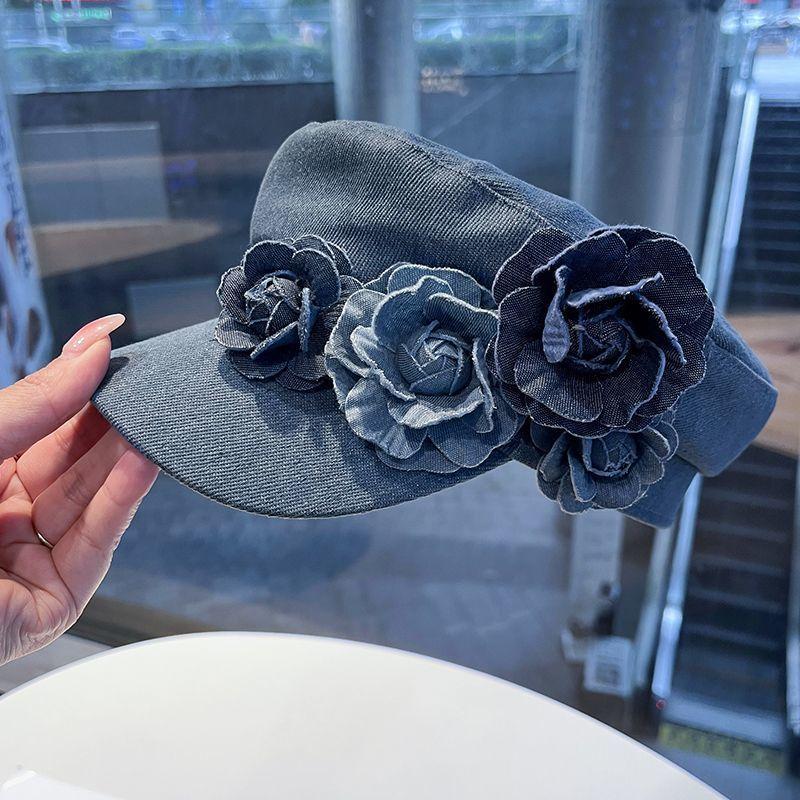 Jeans-Baskenmütze mit floraler Verzierung, handgefertigtes Streifendetail, leichte, flache Sonnenschutzkappe für Damen