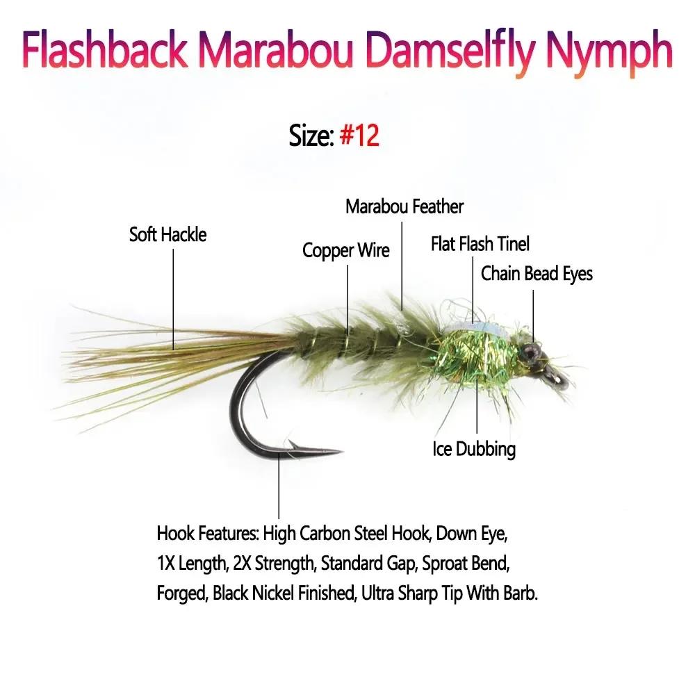 8PCS 12# Chainbead Eyes Flashback Marabou Damselfly Nymph Olive Hackle Nymphs