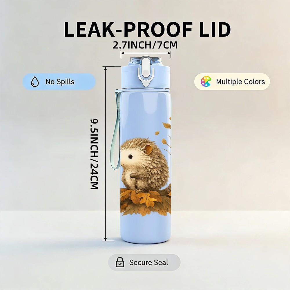 1PC Autumn Hedgehog Leaves Print 750ml Color Plastic Sports Water Bottle Leakproof Flip Straw Lid Suitable for Sports Office Home Use