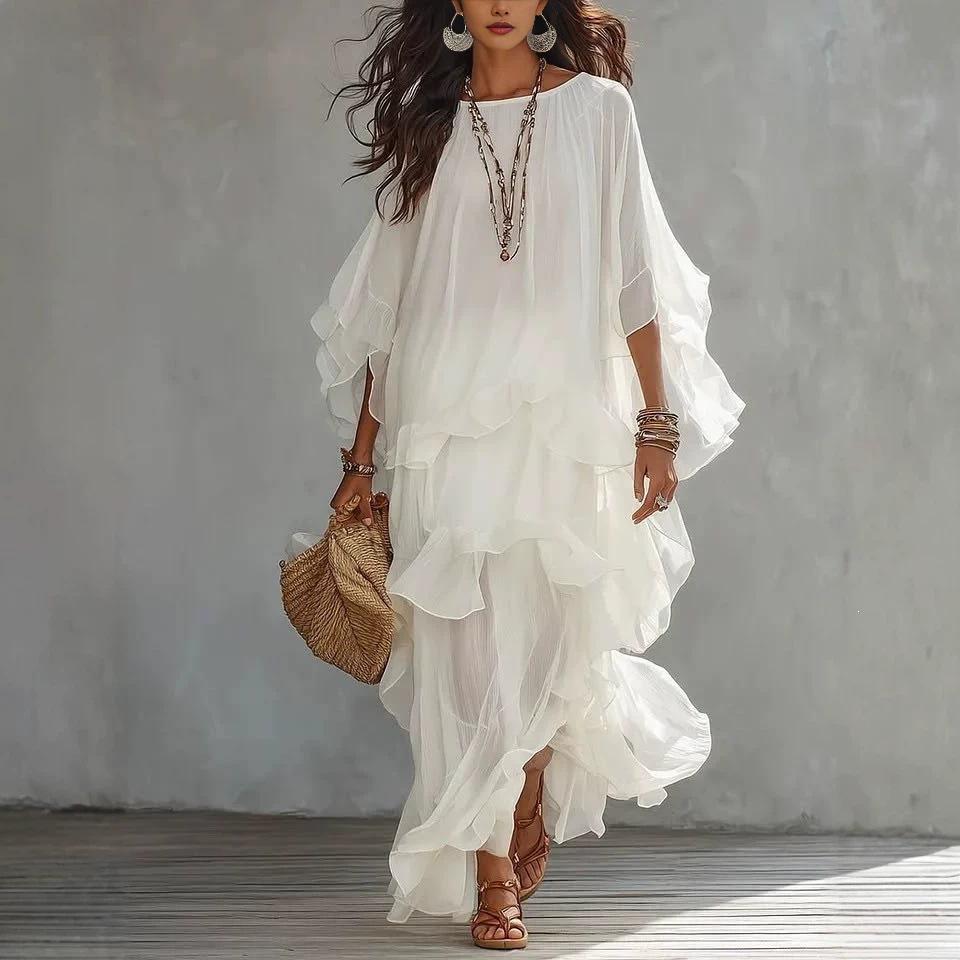 Elegant French-Style Ruffled A-Line Dress with Lantern Sleeves & Beaded Accents