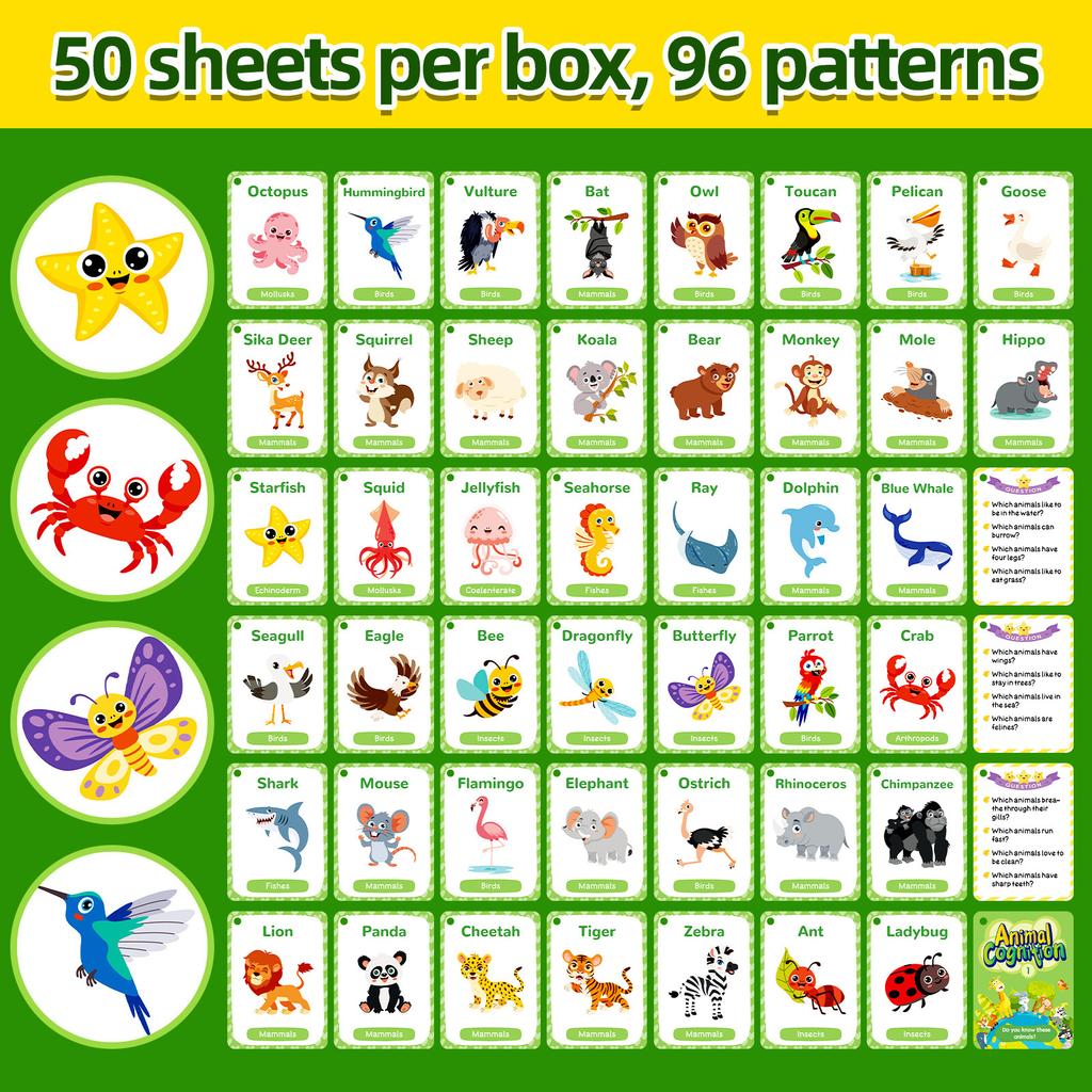 50PCS Animal Cognition Flash Cards Children's Early Education Word Recognition Paper Cards English Learning Educational Toys