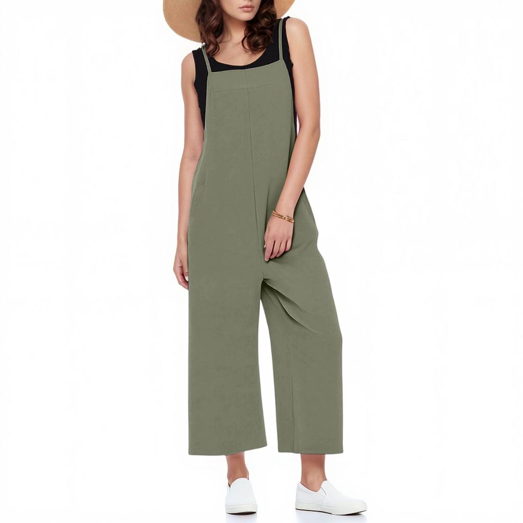 Casual Wide Leg Jumpsuits For Women Solid Color Overalls Rompers Outfits With Pockets