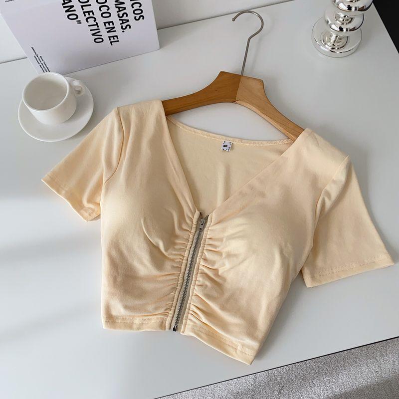 

American Pure Desire Wear Women s Summer Clothes Design Creative V-neck Short sleeve Pleat Slim fit Short Navel T-shirt Women s Top Yellow One size