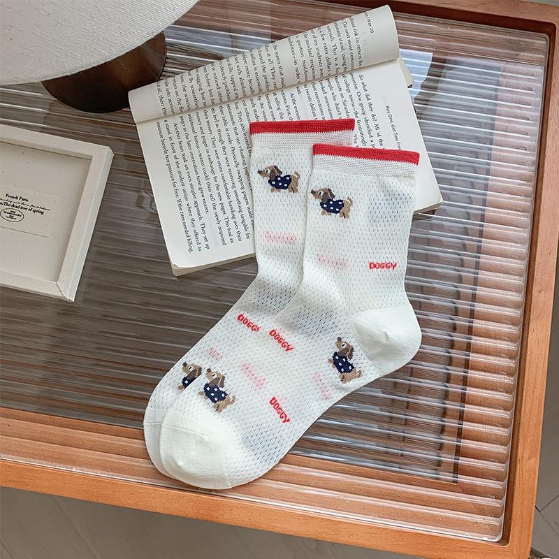 

New Socks Korean Embroidered Dachshund Dog Mesh Medium Tube Socks Cute Sweet Thin Cotton Socks One size fits all