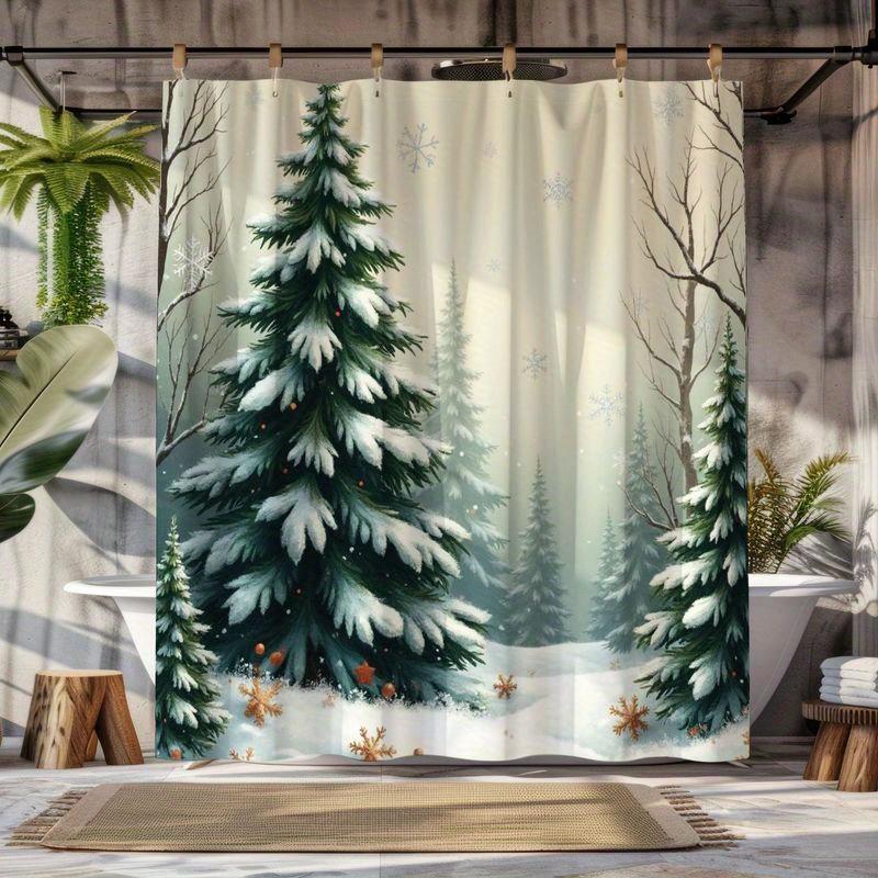 

1Pc Pine Forest Scene And Snowflake Pattern Shower Curtain, Polyester Fabric, Machine Washable, Suitable For Bathroom Decoration W60H190(CM)-1 Pcs