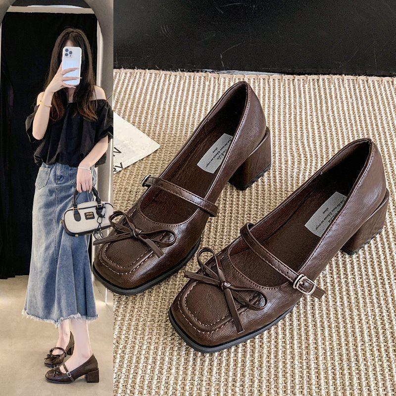 2025 temperament gentle style French with new thick heel autumn skirt bow light mouth single shoes Mary Jane shoes women