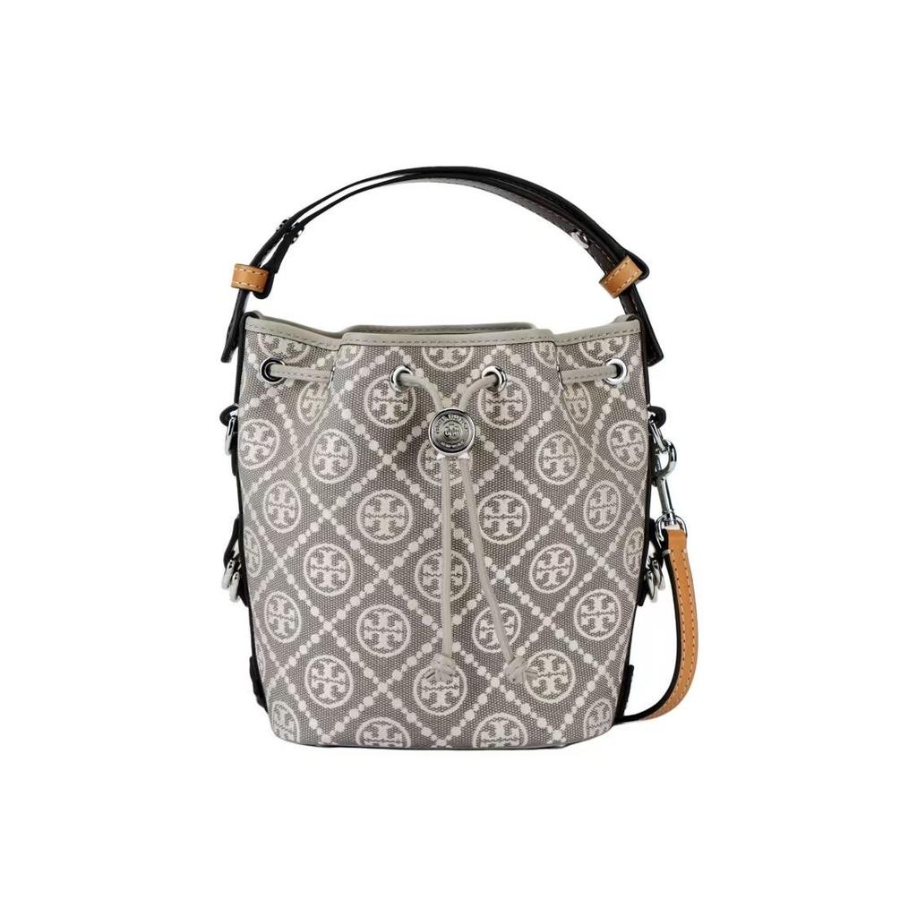 Tory Burch T Monogram Drawstring Closure Metal Double T Logo Bucket Bag Shoulder Crossbody Bag Fabric And Leather Tote Mini Women Bags Gray 178739-020
