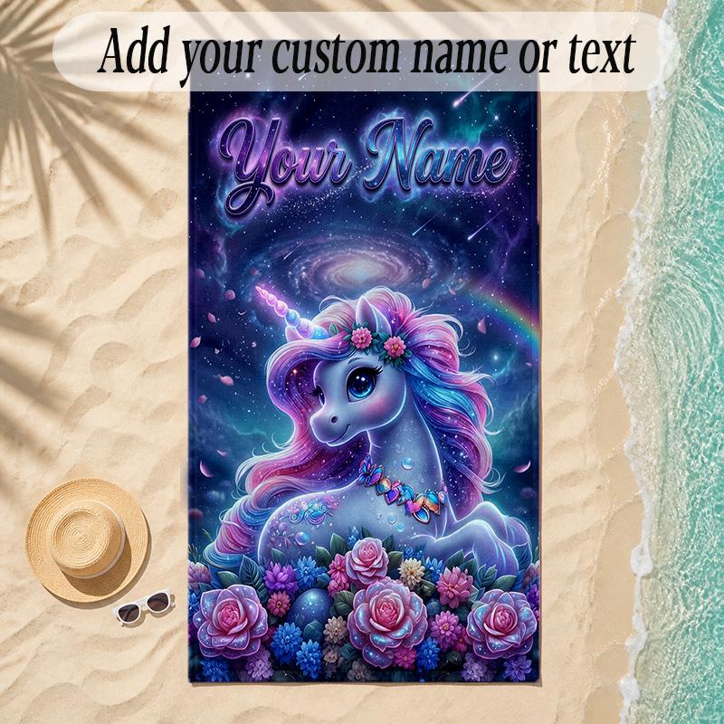 Unicorn Theme Soft Beach Towel Personalized Custom Name Text Towel Portable for Beach Pool Travel