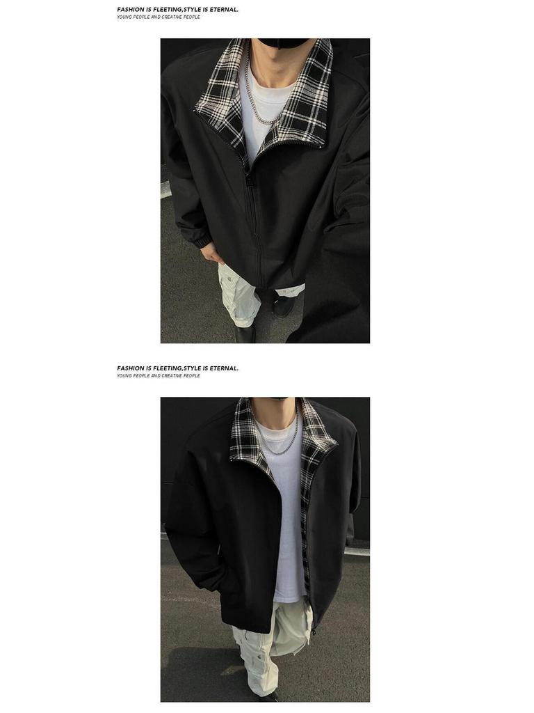 Men's Fall/Winter Plaid Patchwork Stand Collar Jacket - Trendy American High Street Style, Cool & Loose Lapel Coat