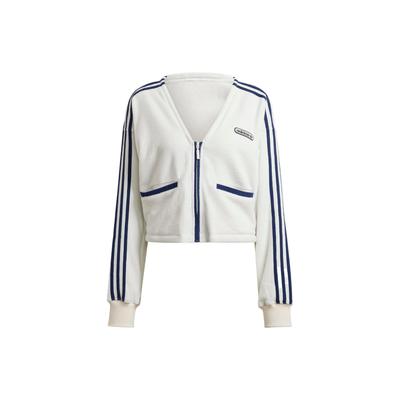 Originals – Einfarbiger Pullover mit V-Ausschnitt, Reißverschluss, Logo-Stickerei und drei Streifen Damen Oberteile Weiß HL6585