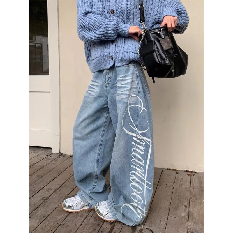 Autumn Men's Letter Printed Straight-Leg Baggy Jeans Hip Hop Fashion Washed Denim Pantalones American Retro Y2K Streetwear Jean
