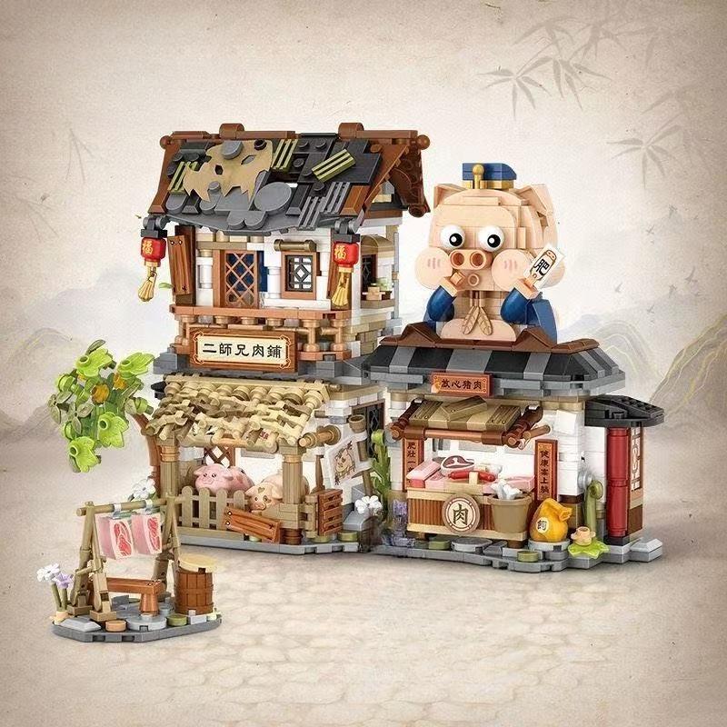 Creative Mini Street View Bee Shop Building Block Chinese Folding Pork Shop Assembly Bricks Toys Piglet Folding House Kids Gifts