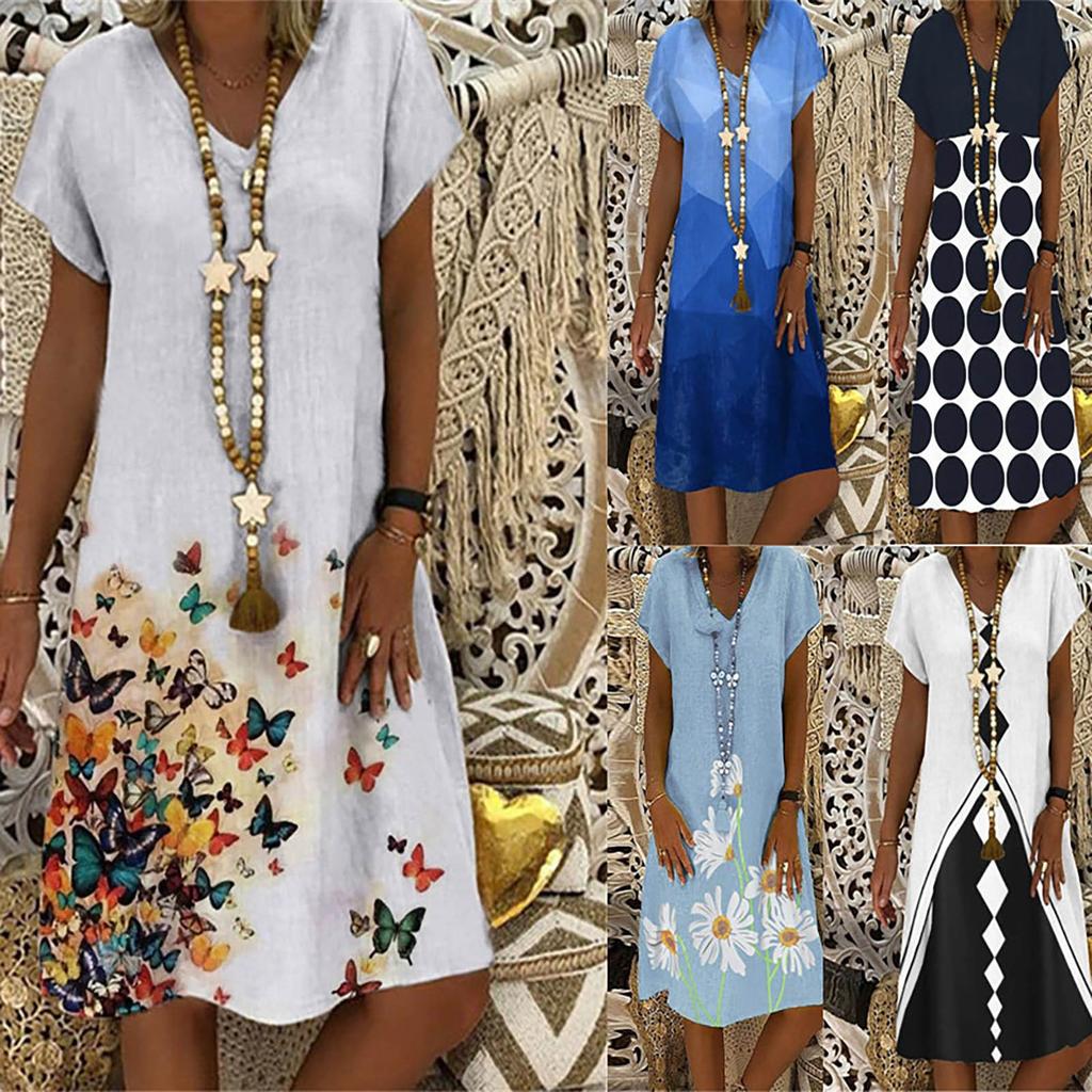 Off-shoulder Midikjole Løs Retro Litterær V-hals Komfortabel Printkjole