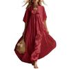 Damen Kurzarm A-Linien Swing Kleid, V-Ausschnitt Plissiert Fließendes Langes Kleid, Sommer Lässig Strandurlaub Sommerkleid