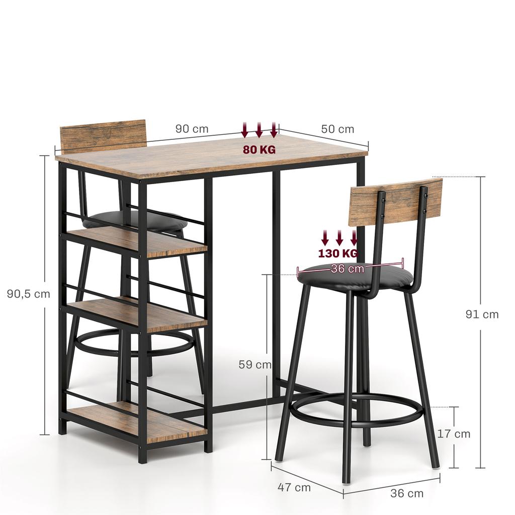 3-Piece Dining Set with Bar Table and 2 Chairs, Small Kitchen Set with Side Shelves, MDF, Metal, Black