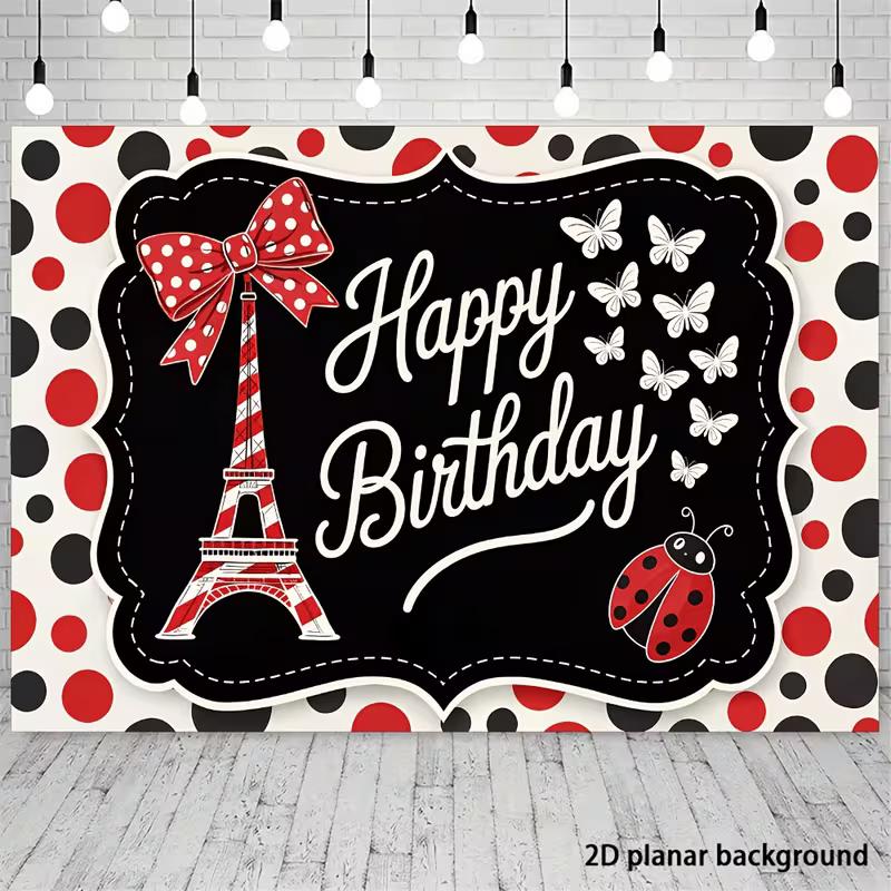 2D Pariser Marienkäfer Geburtstag Hintergrund, Rotes Schwarzes Punktmuster Banner, Geburtstagsparty Dekoration